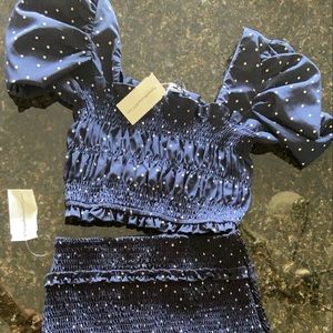 Matching skirt and top, navy blue/ white polkadot